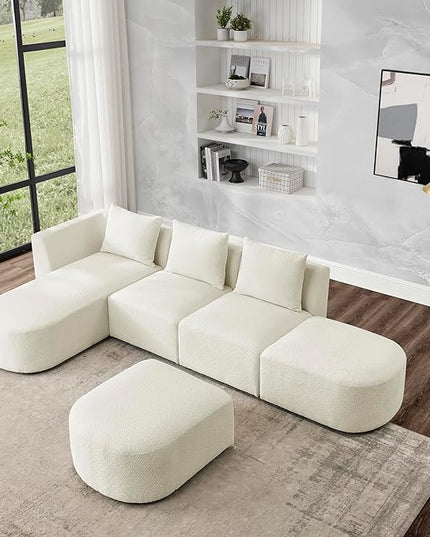 L Shape Sectional Sofa with Left Side Chaise and Removable Ottoman, Upholstered Modular Couch w/Pillows for Living Room, Office, DIY Combination, Loop Yarn Fabric, Beige, 113" - LeafyLoom