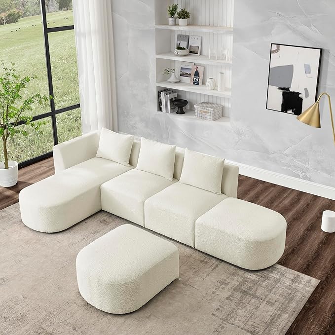 L Shape Sectional Sofa with Left Side Chaise and Removable Ottoman, Upholstered Modular Couch w/Pillows for Living Room, Office, DIY Combination, Loop Yarn Fabric, Beige, 113" - LeafyLoom