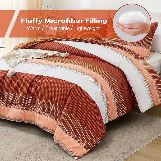 Litanika Burnt Orange Comforter Sets for Queen Bed, 3 Pieces Boho Terracotta Stripe Colorblock Bedding Comforter Set, Rust Fluffy Bed Set (90x90In Comforter, 2 Pillowcases) - LeafyLoom