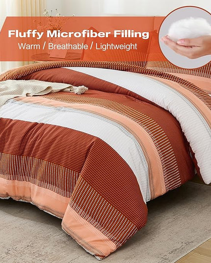 Litanika Burnt Orange Twin/Twin XL Bed Comforter Set, 2 Pieces Boho Terracotta Stripe Colorblock Bedding Comforter Set, Rust Fluffy Bed Set (66x90In Comforter & 1 Pillowcase) - LeafyLoom