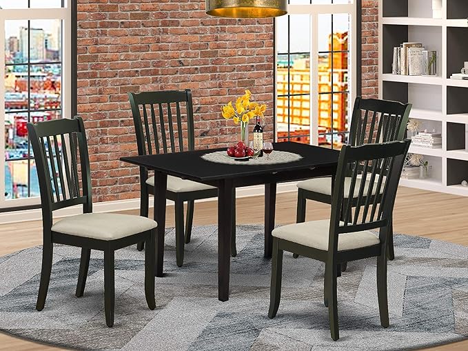 East West Furniture NODA5-BLK-C 5 Piece Dining Room Table Set Includes a Rectangle Kitchen Table with Butterfly Leaf and 4 Linen Fabric Upholstered Dining Chairs, 32x54 Inch, Black - LeafyLoom