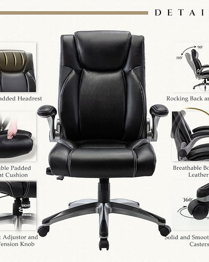 Office Chair Ergonomic Computer Chair, Executive Desk Chair with Adjustable Lumbar Support and Flip-up Arms, Swivel Rolling Work Chair-Black - LeafyLoom