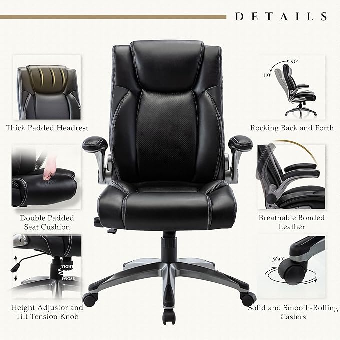 Office Chair Ergonomic Computer Chair, Executive Desk Chair with Adjustable Lumbar Support and Flip-up Arms, Swivel Rolling Work Chair-Black - LeafyLoom