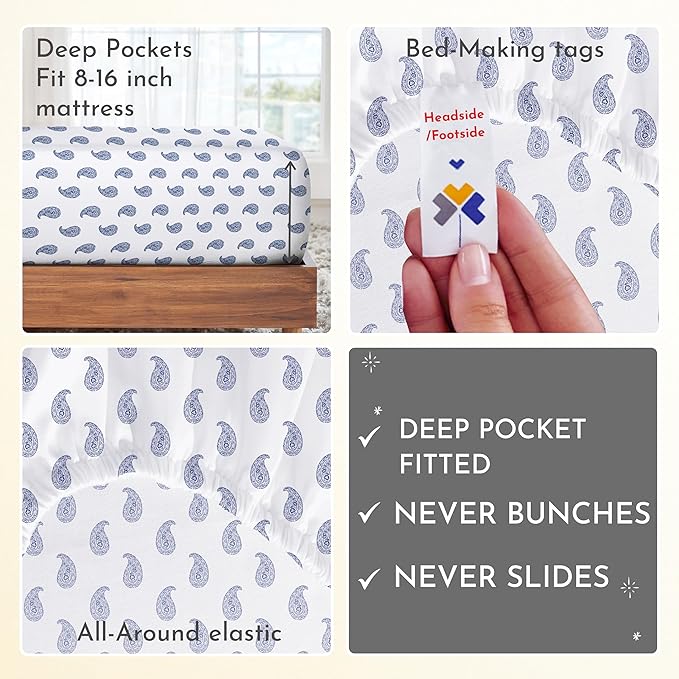 California Design Den Paisley Sheets for Full Size Bed, 4 Pc 100% Cotton Sheets Set Luxury 400 Thread Count Sateen, Deep Pockets (Paisley Blue) - LeafyLoom