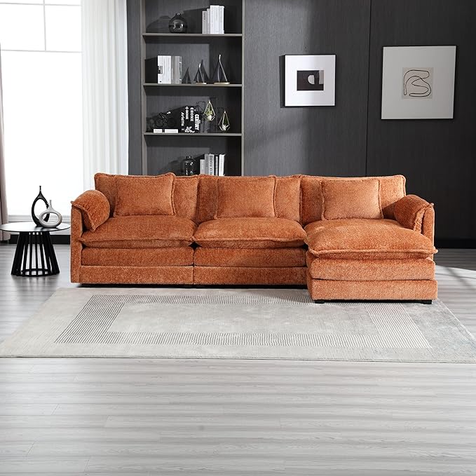 5 Seater L Shaped Convertible Modular Sectional Sofa with Reversible Chaise, Minimalist Oversized Sleeper Corner Couch,Chenille Upholstered Leisure Sofá for Living Room Office, Orange 112.2" - LeafyLoom