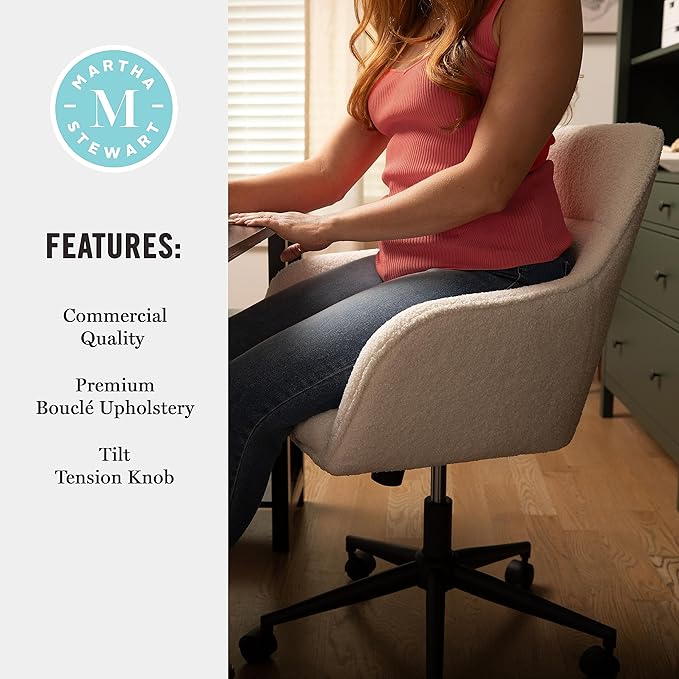 Martha Stewart Rayna Mid-Back Swivel Upholstered Desk Chair with Padded Seat/Armrests, Modern Adjustable Height Office Chair, White/Oil Rubbed Bronze - LeafyLoom