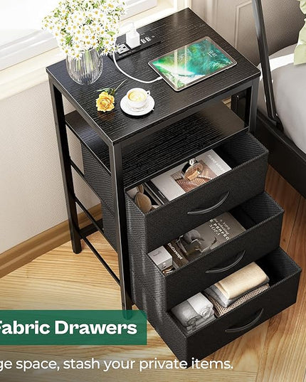 Nightstands Set of 2, 27.6 Inch End Tables with Charging Station, Side Tables with Fabric Drawers, Bedside Tables with USB Port and Outlet, Night Stands for Bedroom, Black - LeafyLoom