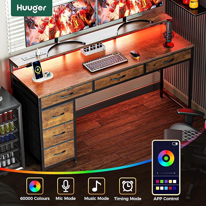 Gaming Desk with 6 Drawers, Computer Desk with LED Lights Power Outlets and Type-C, 54 Inch Office Desk with Storage, Monitor Stand, Writing Desk Work Desk for Home Office, Study, Rustic Brown - LeafyLoom
