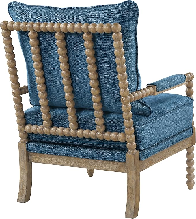OSP Home Furnishings Fletcher Spindle Accent Chair with Rustic Brown Finish, Navy Blue Upholstery - LeafyLoom