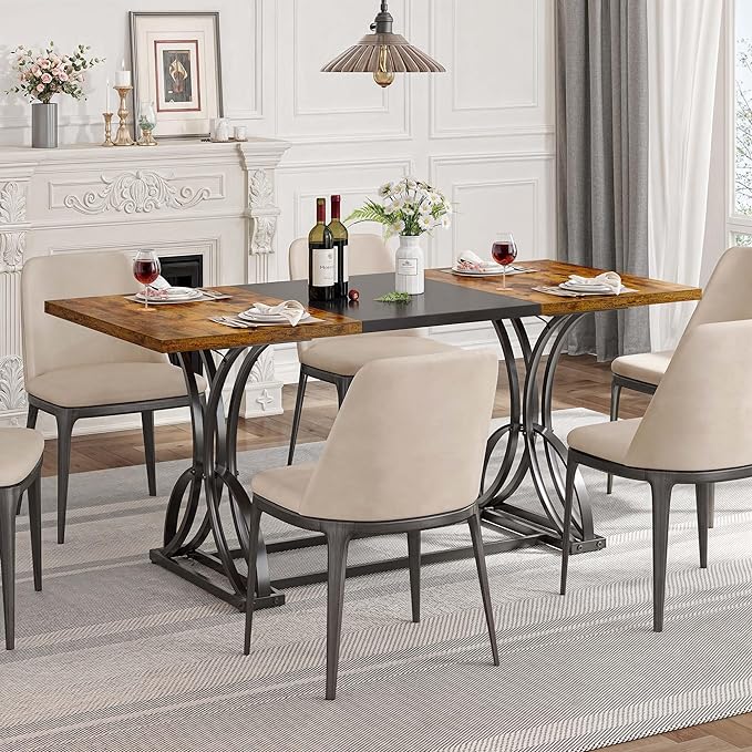 DWVO 70.3" Large Farmhouse Dining Table for 6-8 People, Rectangular Rustic Brown Kitchen Dining Room Table Industrial Wood Style with Heavy Duty Metal Legs, Apartment Dinette Tables for Eating Dinner - LeafyLoom