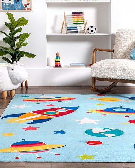 nuLOOM Eddie Outer Space Machine Washable Kids Ultra Thin Area Rug, 4' x 6', Light Blue Multi - LeafyLoom