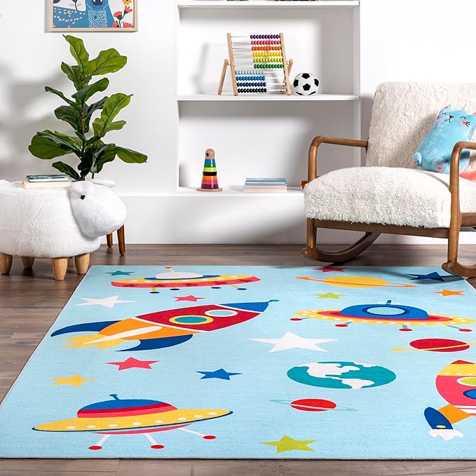 nuLOOM Eddie Outer Space Machine Washable Kids Ultra Thin Area Rug, 4' x 6', Light Blue Multi - LeafyLoom