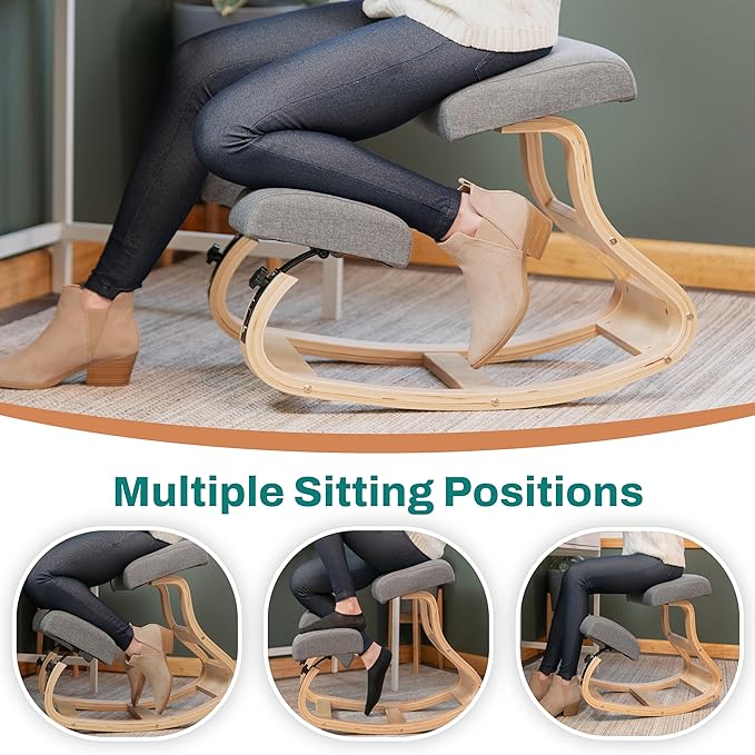 Ergonomic Kneeling Chair - A Rocking Ergo Knee Chair and Wooden Desk Chair designed for Home Office Study and Posture Chair Support, Comfortable to Reduce Neck and Back Pressure - Grey - LeafyLoom