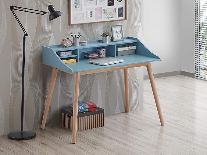 Roundhill Furniture Roskilde Storage Wood Office Desk, Blue - LeafyLoom