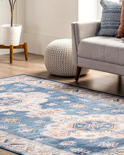 nuLOOM Norma Machine Washable Traditional Medallion Ultra Thin Area Rug, 6' x 9', Blue - LeafyLoom
