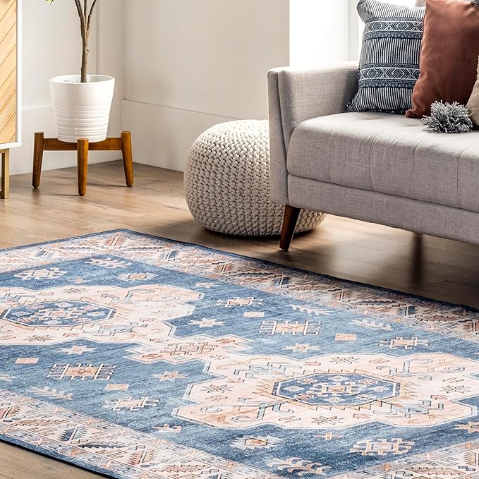 nuLOOM Norma Machine Washable Traditional Medallion Ultra Thin Area Rug, 6' x 9', Blue - LeafyLoom