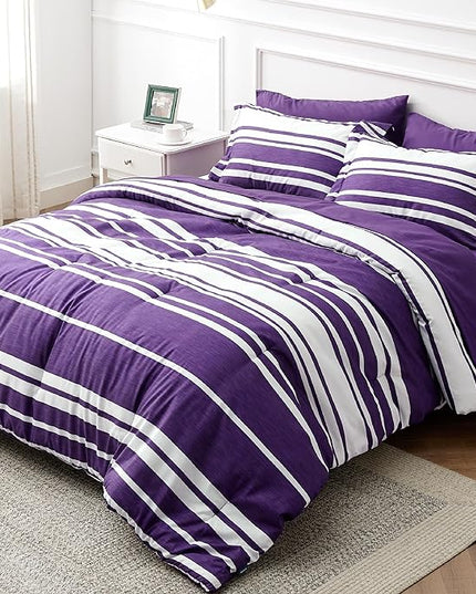 Bedsure Bed in a Bag King Size 7-Piece Purple White Striped Bedding Comforter Sets All Season Bed Set, 2 Pillow Shams, Flat Sheet, Fitted Sheet and 2 Pillowcases - LeafyLoom