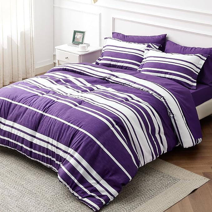 Bedsure Bed in a Bag King Size 7-Piece Purple White Striped Bedding Comforter Sets All Season Bed Set, 2 Pillow Shams, Flat Sheet, Fitted Sheet and 2 Pillowcases - LeafyLoom