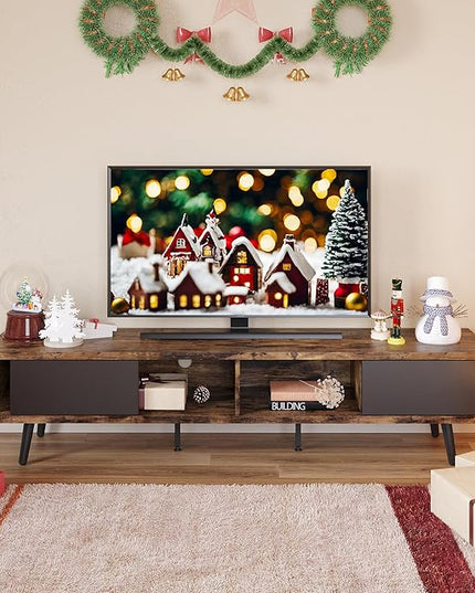Bestier 70 inch Mid Century Modern TV Stand for 75 inch TV, Low Profile TV Stand with Storage, Entertainment Center for Living Room, Cord Management, Rustic Black - LeafyLoom