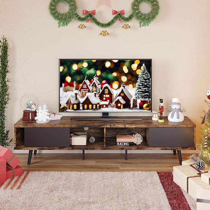 Bestier 70 inch Mid Century Modern TV Stand for 75 inch TV, Low Profile TV Stand with Storage, Entertainment Center for Living Room, Cord Management, Rustic Black - LeafyLoom