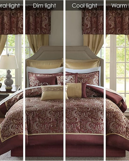 Madison Park Essentials Brystol 24 Piece Room in a Bag Faux Silk Comforter Jacquard Paisley Design Matching Curtains Down Alternative Hypoallergenic All Season Bedding-Set, King (104 in x 92 in), Red - LeafyLoom