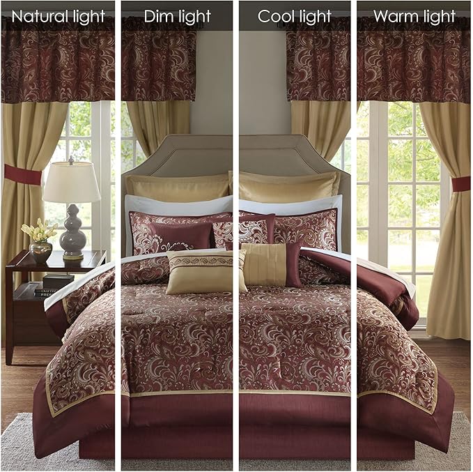 Madison Park Essentials Brystol 24 Piece Room in a Bag Faux Silk Comforter Jacquard Paisley Design Matching Curtains Down Alternative Hypoallergenic All Season Bedding-Set, King (104 in x 92 in), Red - LeafyLoom
