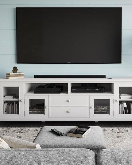 SIMPLIHOME Cosmopolitan SOLID WOOD Wide Contemporary Media Stand for TVs up to 80 inches for The Living Room and Entertainment Center, 72 inch, White - LeafyLoom