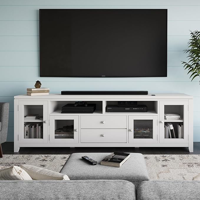 SIMPLIHOME Cosmopolitan SOLID WOOD Wide Contemporary Media Stand for TVs up to 80 inches for The Living Room and Entertainment Center, 72 inch, White - LeafyLoom