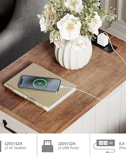 WAMPAT 2 Pack White End Table with Charging Station, Wood Side Sofa Table with Drawer and Storage Cabinet, Modern Nightstand with Power Outlets & USB Ports for Living Room, Bedroom - LeafyLoom