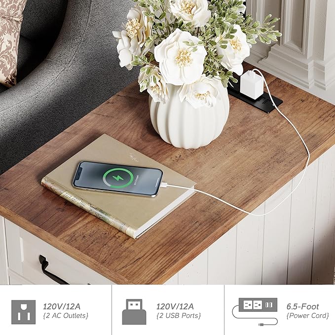 WAMPAT End Table with Charging Station, White Side Table with Storage Cabinet and Drawer, Wood Nightstand with Power Outlets & USB Ports for Bedroom, Living Room - LeafyLoom