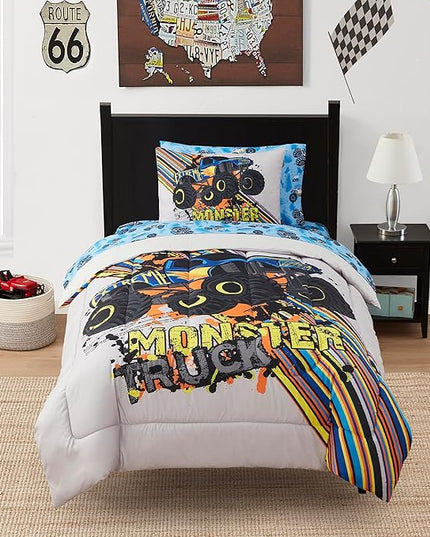 Kids Bedding Set Bed in a Bag for Boys and Girls Toddlers Printed Sheet Set and Comforter, Twin, Monster Truck - LeafyLoom