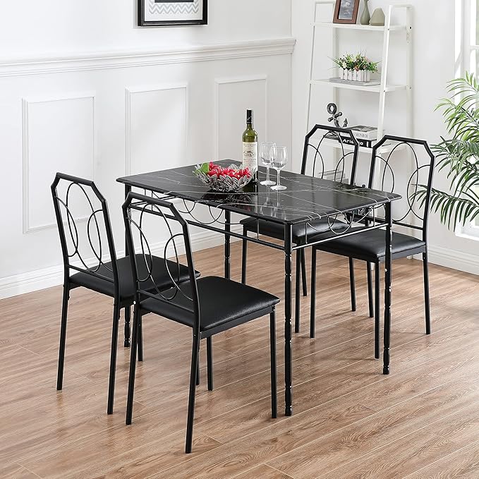 VECELO 5 Pieces Sets,43.3" Table&chairs for 4,Industrial Counter Height Tabletop with Bar Stools, Rectangle Breakfast Chairs, Living Room, Apartment, Dining table for 4, Black 1 - LeafyLoom