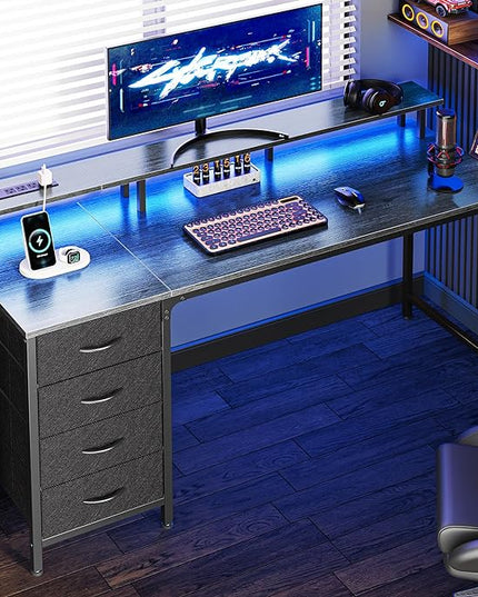 55 Inch Computer Desk with Power Outlets and LED Lights, Gaming Desk with 4 Drawers, Office Desk with Monitor Stand, Study Desk Work Desk for Home Office, Gray - LeafyLoom