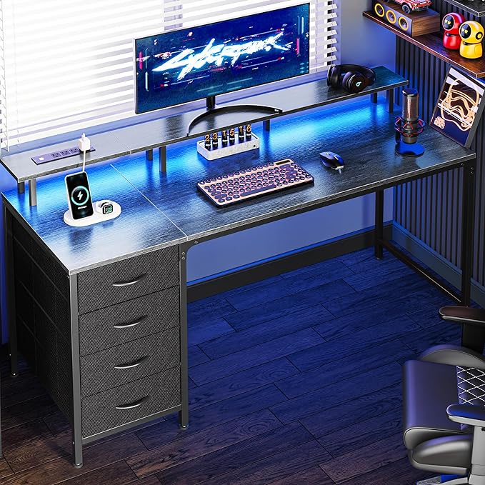 55 Inch Computer Desk with Power Outlets and LED Lights, Gaming Desk with 4 Drawers, Office Desk with Monitor Stand, Study Desk Work Desk for Home Office, Gray - LeafyLoom