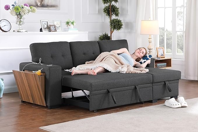 92 inch Convertible Sleeper L-Shaped Sectional Sofa with Storage Chaise, Upholstered Reversible Couch with Side Open Cup Holder for Apartment, Dorm, Living Room, Gray, 92inch, Dark Grey-5 - LeafyLoom