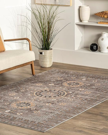 nuLOOM Tama Circle Medallion Machine Washable Ultra Thin Area Rug, 8' x 10', Brown - LeafyLoom