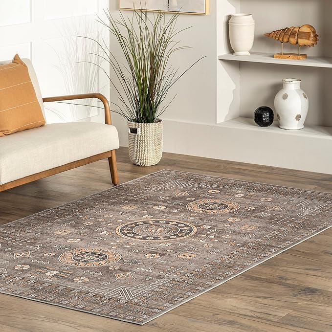 nuLOOM Tama Circle Medallion Machine Washable Ultra Thin Area Rug, 8' x 10', Brown - LeafyLoom
