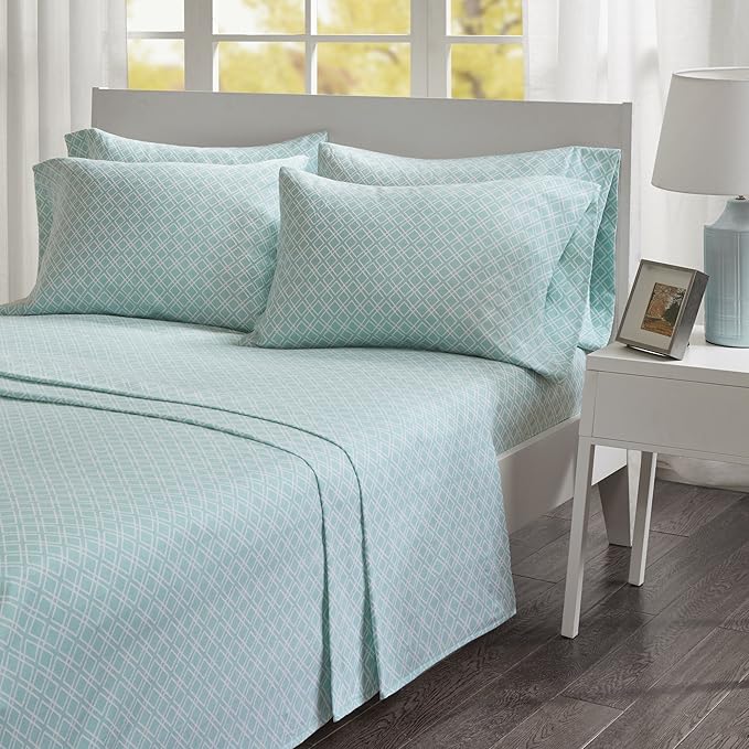 Comfort Spaces Cotton Flannel Breathable Warm Deep Pocket Sheets With Pillow Case Bedding, Twin, Aqua Geo, 3 Piece - LeafyLoom
