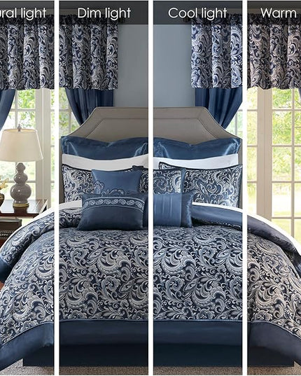 Madison Park Essentials Brystol 24 Piece Room in a Bag Faux Silk Comforter Jacquard Paisley Design Matching Curtains Down Alternative All Season Bedding-Set, King(104 in x 92 in), Navy 24 Piece - LeafyLoom