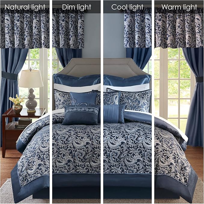 Madison Park Essentials Brystol 24 Piece Room in a Bag Faux Silk Comforter Jacquard Paisley Design Matching Curtains Down Alternative All Season Bedding-Set, King(104 in x 92 in), Navy 24 Piece - LeafyLoom