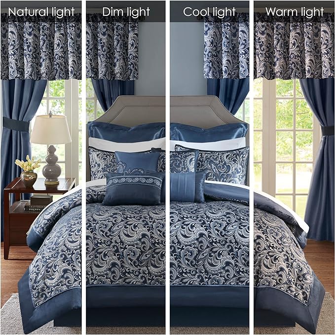 Madison Park Essentials Brystol 24 Piece Room in a Bag Faux Silk Comforter Jacquard Paisley Design Matching Curtains Down Alternative All Season Bedding-Set, King(104 in x 92 in), Navy 24 Piece - LeafyLoom