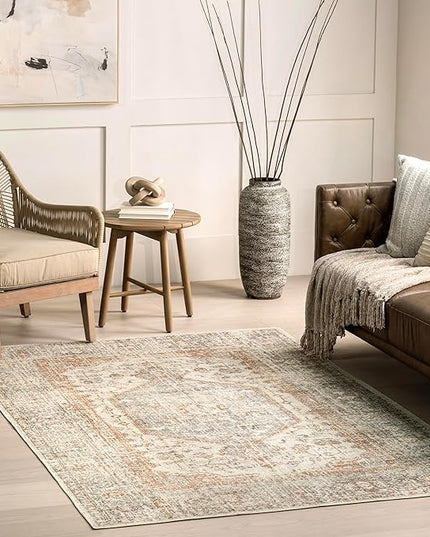 nuLOOM 4x6 Machine Washable Rain Haven Vintage Medallion Area Rug, Light Grey, Traditional Faded Design, Non-Slip Backing, Stain Resistant, For Bedroom, Dining Room, Living Room, Kitchen - LeafyLoom