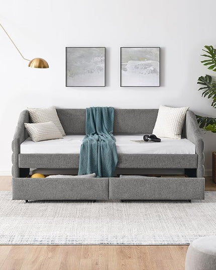 Linen Upholstered Twin Size Daybed with Two Storage Trundle Drawers, Solid Wood Tufted Sofa Bed Frame for Bedroom, Guest Room, Dorm, No Box Spring Needed, Space-Saving Design, Grey - LeafyLoom
