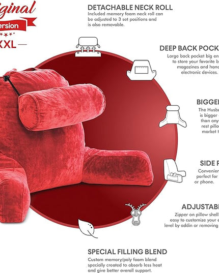 Husband Pillow XXL Red Backrest with Arms - Adult Reading Pillow with Shredded Memory Foam, Ultra-Comfy Removable Microplush Cover & Detachable Neck Roll, Unmatched Support for Bed Rest Sit Up Pillow - LeafyLoom