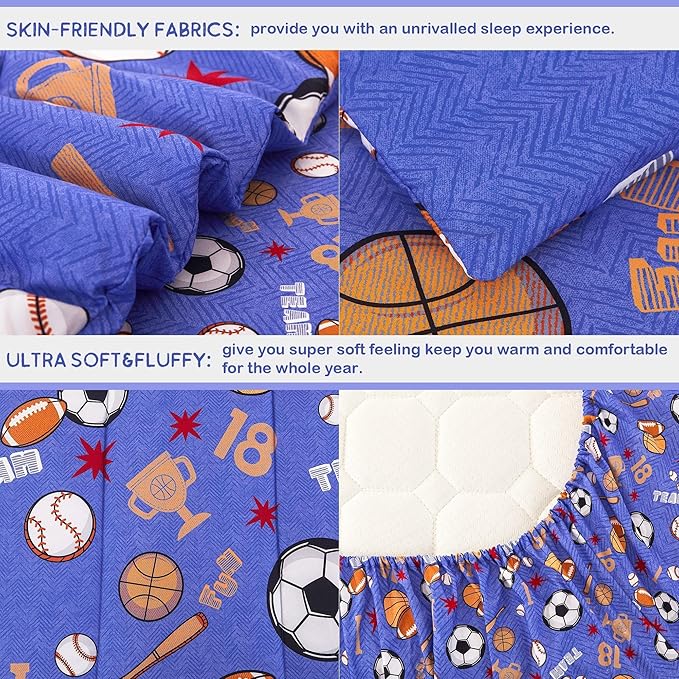 Mooreeke Bed in a Bag for Kids Boys Teens, 8 Pieces Full Size Comforter Bed Set with Shams, Sheet Set and Decorative Toy Pillow, Balls Blue Super Soft Microfiber Kids Comforter Bedding Set - LeafyLoom