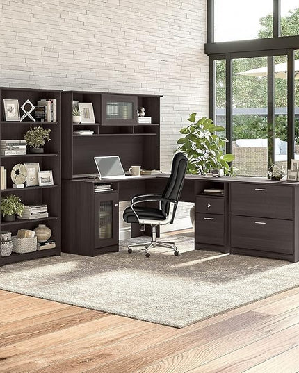 Bush Furniture Cabot L Shaped Computer Desk in Heather Gray | Corner Table with Drawers for Home Office - LeafyLoom
