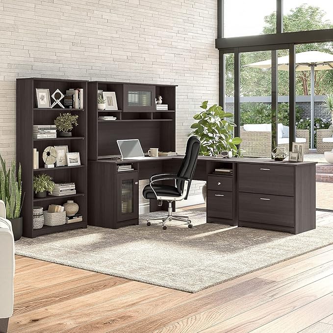 Bush Furniture Cabot L Shaped Computer Desk in Heather Gray | Corner Table with Drawers for Home Office - LeafyLoom