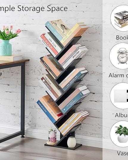 Hoctieon 10 Tier Tree Bookshelf, 10 Shelf Bookcase, Free Standing Tree Bookcase, Display Floor Standing Shelf for Books, Book Organizer Shelves for Home Office, Living Room, Bedroom, Black - LeafyLoom