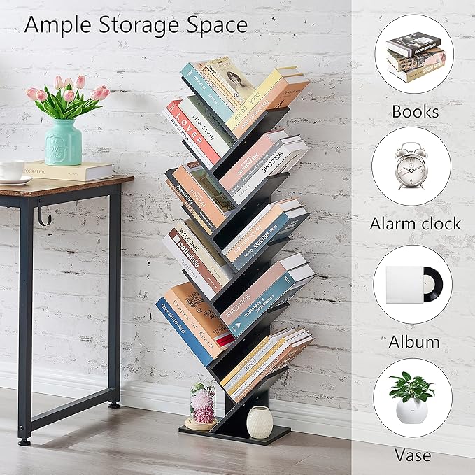 Hoctieon 10 Tier Tree Bookshelf, 10 Shelf Bookcase, Free Standing Tree Bookcase, Display Floor Standing Shelf for Books, Book Organizer Shelves for Home Office, Living Room, Bedroom, Black - LeafyLoom