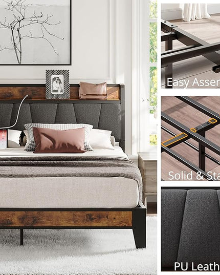 LIKIMIO King Size Bed Frame, Storage Headboard with Charging Station, Solid and Stable, Noise Free, No Box Spring Needed, Easy Assembly - LeafyLoom